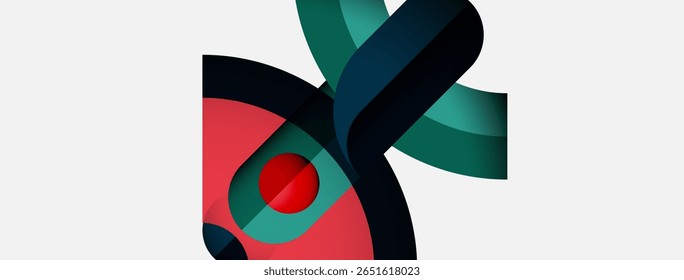 Abstract geometric shapes overlap, creating dynamic composition. Red circle contrasts with teal, navy hues. Minimalist design, modern aesthetic.