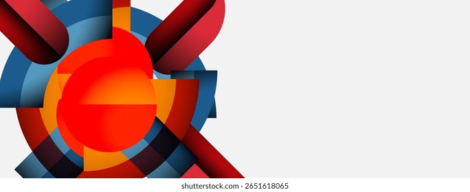 Abstract geometric shapes overlap, creating vibrant color patterns. Red dominates center, surrounded by blue, orange hues. Minimalist design.