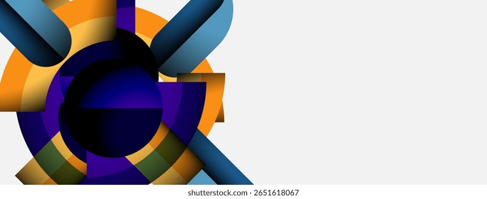 Abstract geometric shapes overlap, creating vibrant color patterns. Design features circular elements, orange, blue, purple hues. Minimalist style.