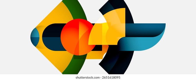 Abstract geometric shapes overlap, creating vibrant composition. Colors include orange, yellow, blue, green, black. Modern design elements present.