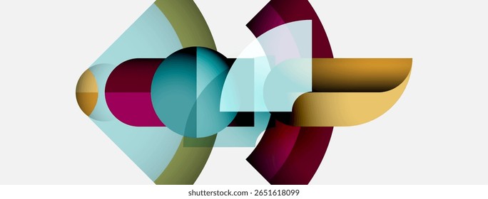 Formas geométricas abstratas se sobrepõem, criando uma composição colorida. Gradientes suaves, formas em camadas sugerem movimento, profundidade. Design minimalista.