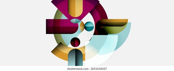 Abstract geometric shapes overlap, creating dynamic composition. Colors blend, forming modern visual experience. Design feels energetic, playful.