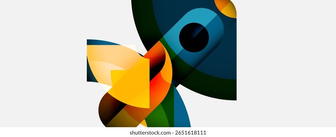 Abstract geometric shapes overlap, creating vibrant color contrasts. Composition features curves, angles, plus negative space.