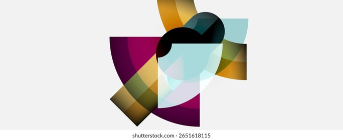 Abstract geometric shapes overlap, creating dynamic composition. Colors include gold, purple, black, plus light blue tones. Minimalist design.
