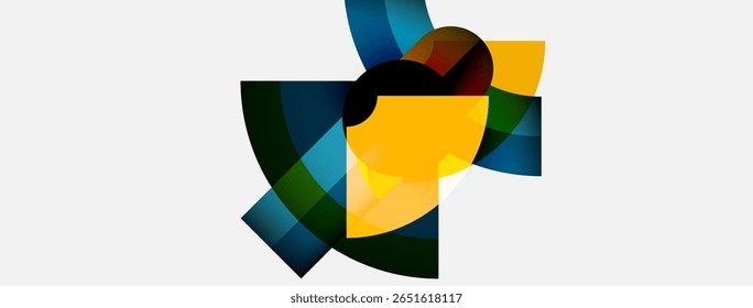 Abstract geometric shapes overlap, creating dynamic composition. Colors include yellow, blue, green, dark tones. Minimalist design.