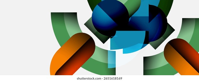 Abstract geometric shapes overlap, creating dynamic composition. Blue, green, orange hues dominate white background. Modern design.