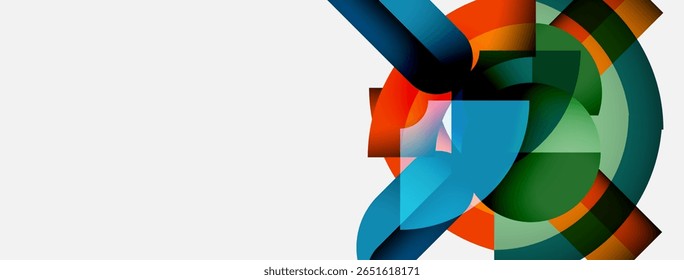 Abstract geometric shapes overlap, creating vibrant color patterns. Composition features curves, angles, plus white space.