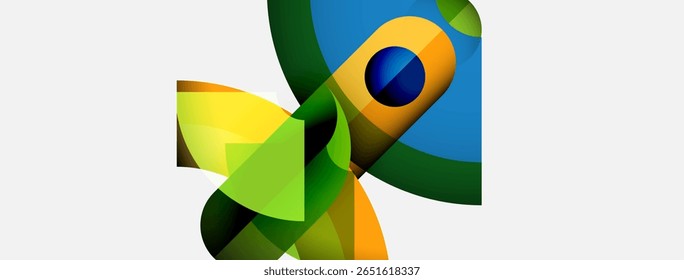 Abstract geometric shapes overlap, creating vibrant color blends. Composition features curves, angles, plus dynamic visual energy.