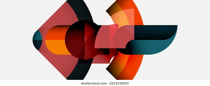 Abstract geometric shapes overlap, creating vibrant color blends. Composition feels dynamic, modern, visually engaging.