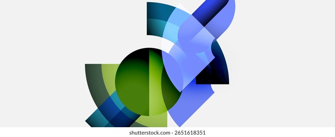 Abstract geometric shapes overlap, creating dynamic composition. Blues, greens dominate neutral background. Modern design elements present.