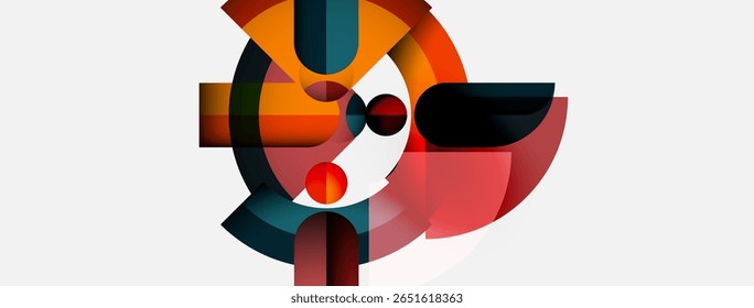 Abstract geometric shapes overlap, creating dynamic composition. Orange, red, teal hues dominate neutral background. Modern design.