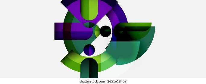 Abstract geometric shapes overlap, creating dynamic composition. Greens, purples dominate palette. Minimalist design, modern aesthetic.
