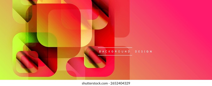 Abstract geometric shapes overlap, creating vibrant color gradients. Red, yellow, green hues dominate design. Modern aesthetic.