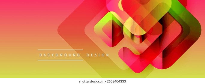Abstract geometric shapes overlap, creating vibrant color gradients. Warm tones dominate design, suggesting energy, movement.