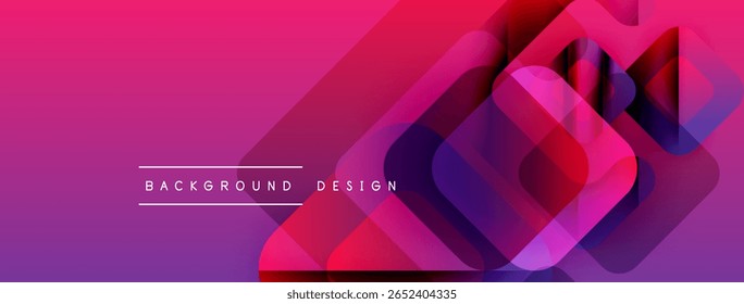 Formas geométricas abstratas se sobrepõem, criando vibrantes gradientes roxos e rosa. O texto lê o design do plano de fundo centralizado na composição. Moderno, visual dinâmico.