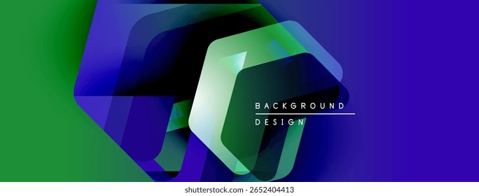 Abstract geometric shapes overlap, creating vibrant color gradients. Green, blue, purple hues dominate design. Text reads background design.