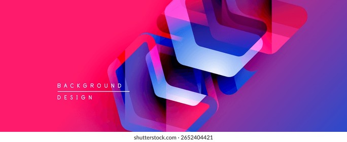 Abstract geometric shapes overlap, creating vibrant pinkpurple gradient. Modern design elements suggest dynamic visual experience.