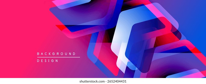 Abstract geometric shapes overlap, creating vibrant pink, blue gradients. Modern design elements suggest dynamic energy, visual texture.