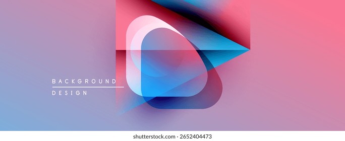 Abstract geometric shapes overlap, creating vibrant color gradients. Soft pinks, blues, purples blend seamlessly. Modern design element.