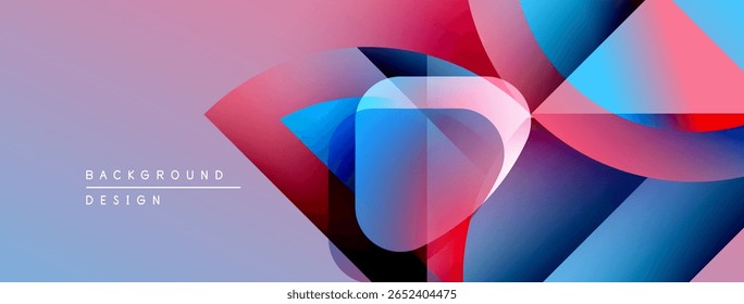 Abstract geometric shapes overlap, creating vibrant color gradients. Purple, blue, pink hues dominate design. Modern aesthetic.