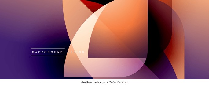 Abstract geometric shapes overlap, creating vibrant gradient effect. Purple, orange hues dominate design. Modern background texture.