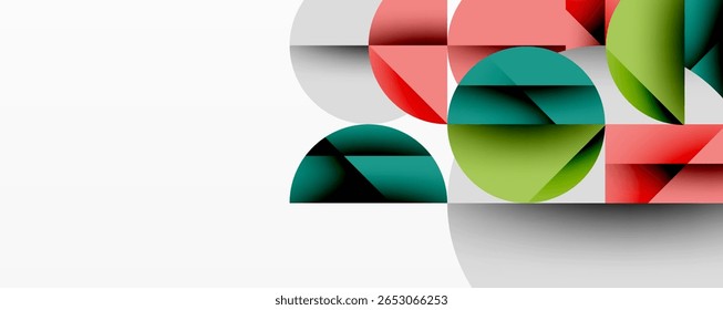 Formas geométricas abstratas se sobrepõem, criando composição dinâmica. As cores incluem verde, vermelho, azul-petróleo, cinza. Design minimalista, estética moderna.