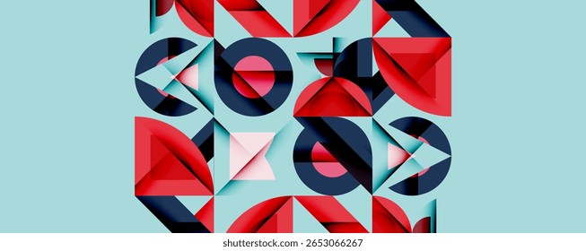 Abstract geometric shapes overlap, creating dynamic composition. Red, blue, pink hues dominate light cyan background. Modern design.