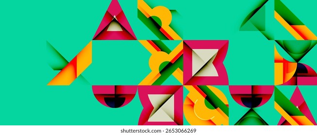 Formas geométricas abstratas se sobrepõem, criando uma composição colorida vibrante. Fundo azul-petróleo aumenta o impacto visual.