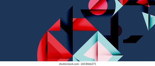 Abstract geometric shapes overlap, creating dynamic composition. Red, blue, cyan hues dominate dark background. Minimalist design.