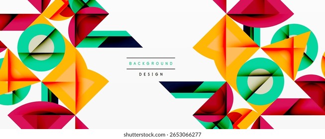 Abstract geometric shapes overlap, creating vibrant colorful background. Modern design features triangles, circles, lines.