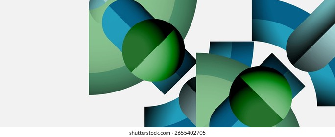 Las Formas geométricas Abstractas se superponen, creando composiciones dinámicas. Verdes, azules dominan el fondo neutral. Elementos de diseño modernos presentes.