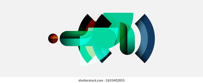 Abstract geometric shapes overlap, creating dynamic composition. Teal, blue, red hues dominate neutral background. Modern design.