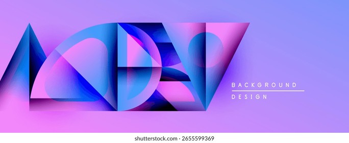 Las Formas geométricas Abstractas se superponen, creando vibrantes Gradientes púrpura y azul. Los Elementos de diseño modernos sugieren arte digital, textura de fondo.