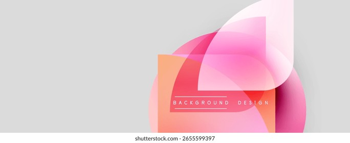 Abstract geometric shapes overlap, creating vibrant pink, orange hues. Minimalist design with text elements present. Clean, modern aesthetic.