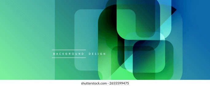Las Formas geométricas Abstractas se superponen, creando un efecto de gradiente vibrante. El diseño moderno utiliza azules frescos, verdes, transparencia sutil.