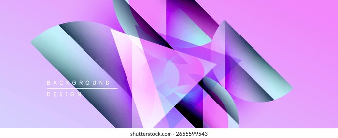Abstract geometric shapes overlap, creating vibrant purple, blue gradients. Modern design elements suggest digital art, background texture.