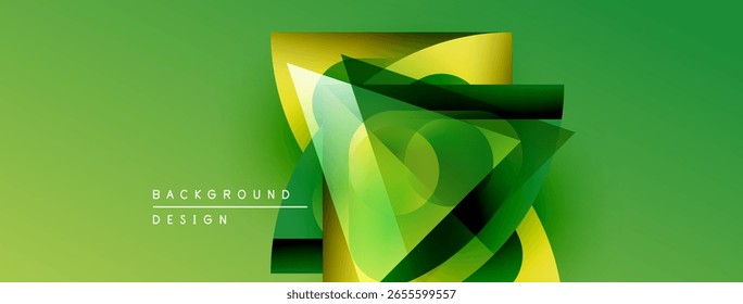 Las Formas geométricas Abstractas se superponen, creando vibrantes Gradientes verdes y amarillos. El diseño moderno sugiere tecnología, innovación, energía.