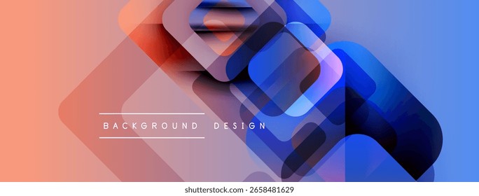 Abstract geometric shapes overlap, creating vibrant gradients. Peach, blue hues dominate design. Text reads background design.