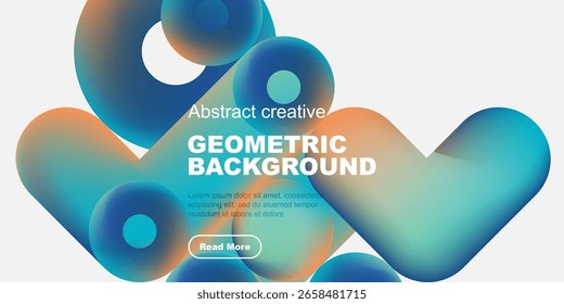 Abstract geometric shapes overlap, creating vibrant color gradients. Text promotes creative background design, inviting further exploration.