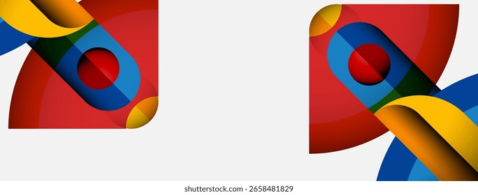 Abstract geometric shapes overlap, creating vibrant colorful compositions. Red, yellow, blue dominate design. Minimalist style.