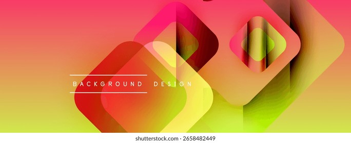 Abstrakte geometrische Formen überlappen sich, wodurch ein lebendiger Farbverlauf-Effekt entsteht. Es dominieren warme Farben, die von Rot nach Gelb übergehen. Modernes Design.