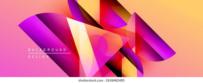 Abstract geometric shapes overlap, creating vibrant pink, yellow, purple gradients. Modern design elements suggest dynamic visual experience.