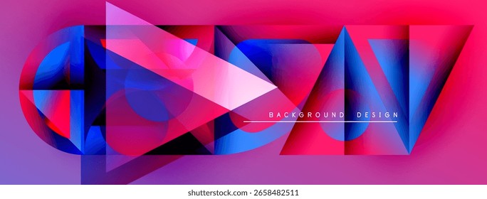 Abstract geometric shapes overlap, creating vibrant pinks, blues, purples. Modern design elements suggest dynamic energy, visual interest.
