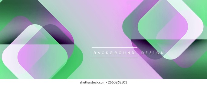 Las Formas geométricas Abstractas se superponen, creando Gradientes vibrantes. Los tonos suaves púrpura y verde dominan el diseño. Estética moderna.