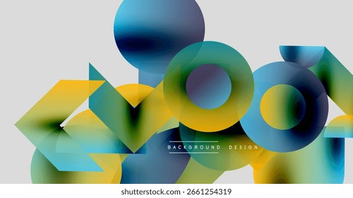 Abstract geometric shapes overlap, creating vibrant color gradients. Design features blue, yellow, green hues. Modern aesthetic.