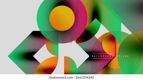 Formas geométricas abstratas se sobrepõem, criando gradientes de cores vibrantes. Elementos de design modernos sugerem composição dinâmica.