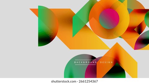 Abstract geometric shapes overlap, creating vibrant color gradients. Modern design elements suggest dynamic composition, visual harmony.