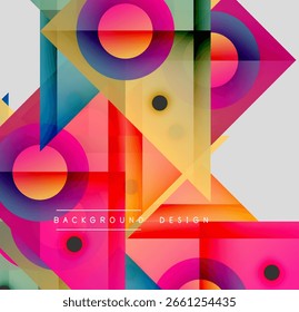 Las Formas geométricas Abstractas se superponen, creando un fondo vibrante y colorido. El diseño moderno utiliza Gradientes, círculos, triángulos.