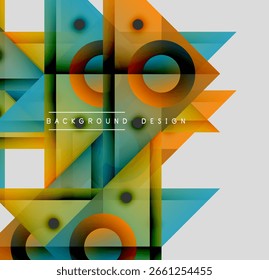Las Formas geométricas Abstractas se superponen, creando un diseño vibrante y colorido. Círculos, triángulos, cuadrados se mezclan en un patrón de fondo moderno.