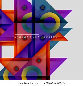 Formas geométricas abstratas se sobrepõem, criando um design colorido vibrante. Círculos, quadrados, triângulos formam um padrão de fundo moderno.